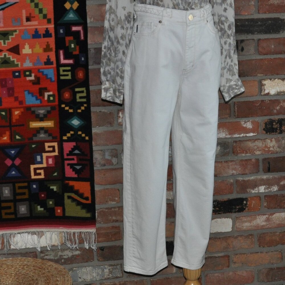 Ted Baker London White Denim Jeans, Braided Belt, Gold Stitching & Hardware 28
